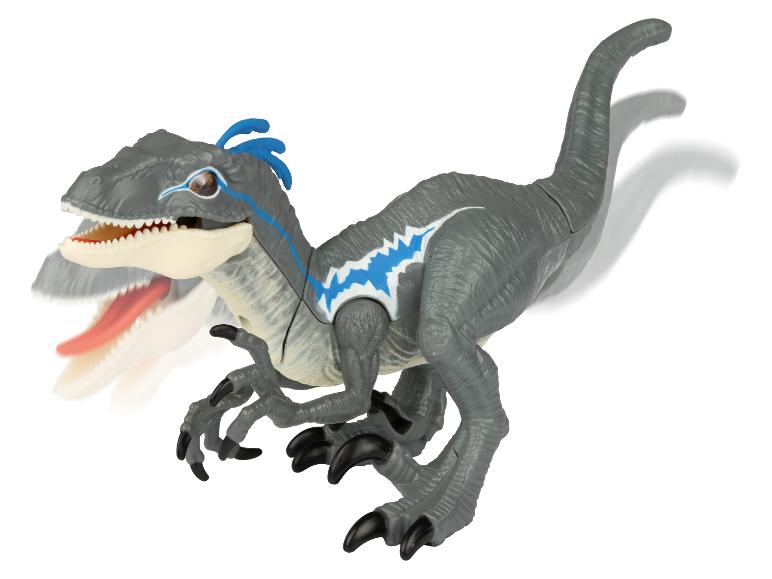 Hračka, sivá velociraptor s modrými detailmi.