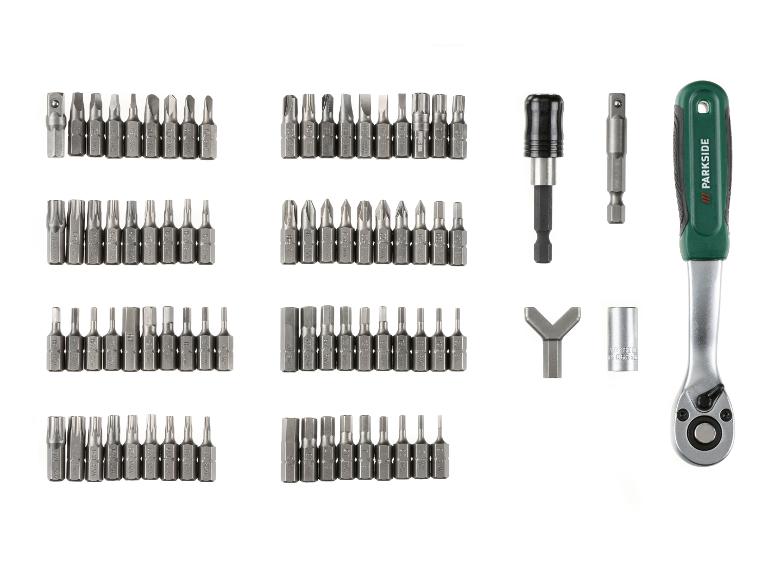Sada skrutkovacích bitov PARKSIDE s račňovou rukoväťou, rôznymi bitmi a adaptérmi.