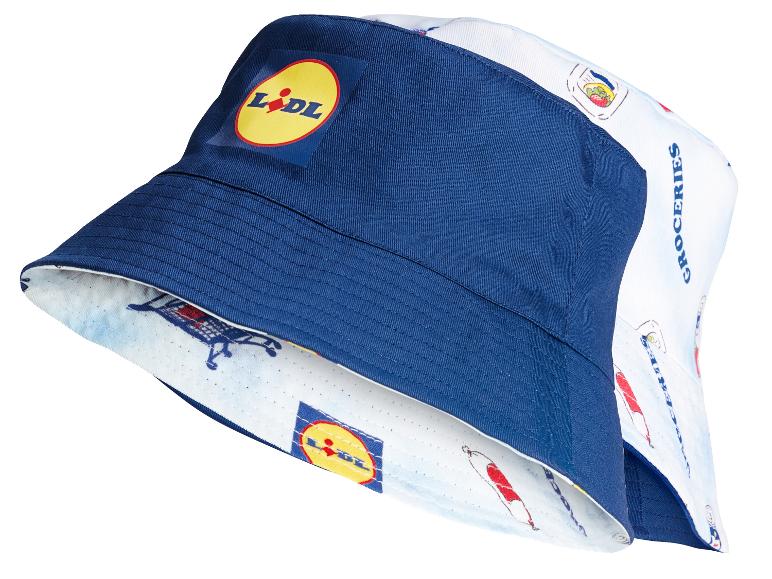 Vratná modrá a biela bucket čiapka Lidl s potlačou potravín.