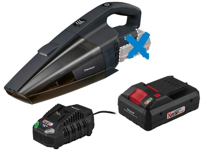 Ručný vysávač SilverCrest s batériou Parkside X 20 V Team a nabíjačkou.