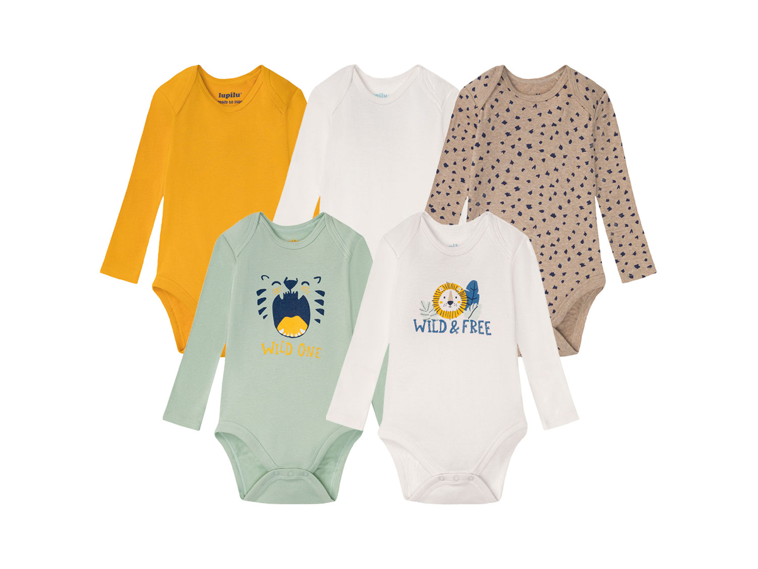 lupilu® Chlapčenské body pre bábätká s dlhým rukávom BIO, 5 kusov (62/68, mentolová/biela/žltá/béžová)