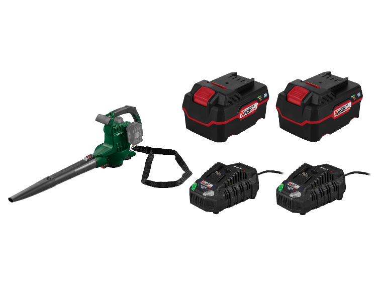 Akumulátorový fúkač lístia PARKSIDE s batériou X 20 V TEAM a nabíjačkami.