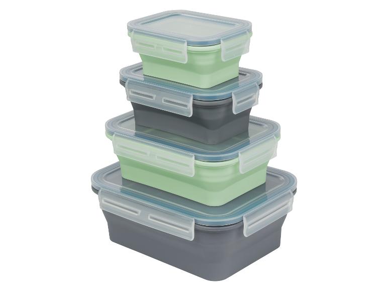Nádoby na jedlo, šedé a zelené.
