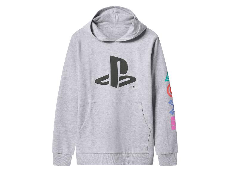 Sivá mikina s kapucňou s logom PlayStation a farebnými symbolmi na rukáve.