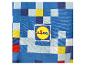 Modrá látka s pixelovým vzorom a logom Lidl.