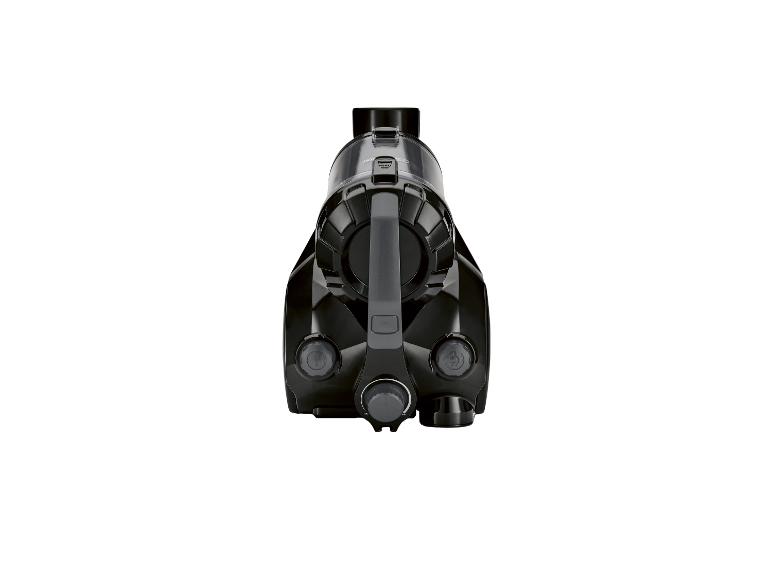 Čierny vysávač so sivými detailmi, pohľad zhora.