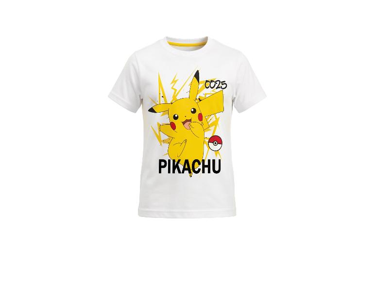 Biele detské tričko s veľkou potlačou Pikachu, žltými bleskami a textom „PIKACHU“.