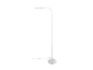 Biela stojacia lampa s ohnutým ramenom, približne 130 cm vysoká.