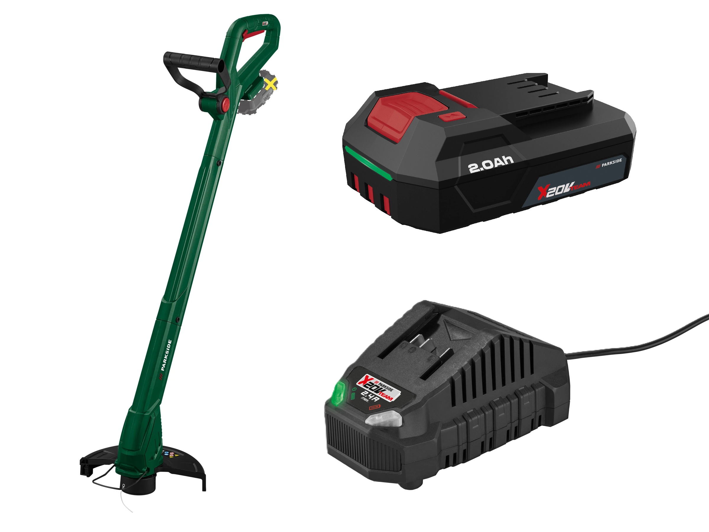 E-shop PARKSIDE® Aku strunová kosačka PART 20-Li A1 + Akumulátor 20 V/2 Ah + Nabíjačka 20 V/2,4 A