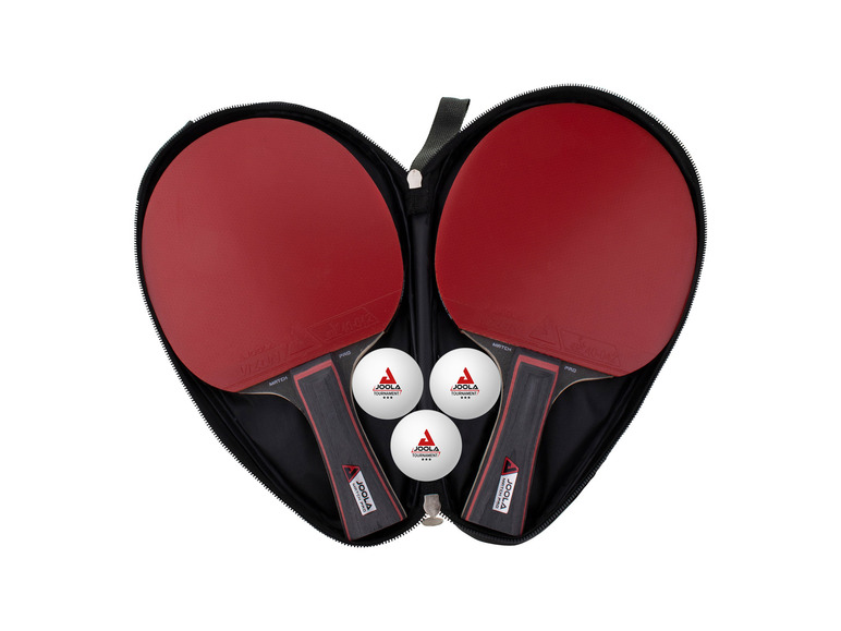 Dve Joola Match Pro stolové tenisové rakety a tri Joola Tournament stolové tenisové loptičky v taške.