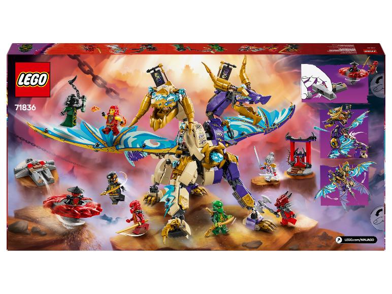 Súprava LEGO Ninjago 71836 so zlatým a fialovým drakom, minifigúrkami a doplnkami.