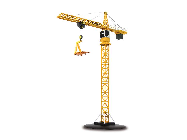 Žltý model žeriavu Liebherr s paletou.