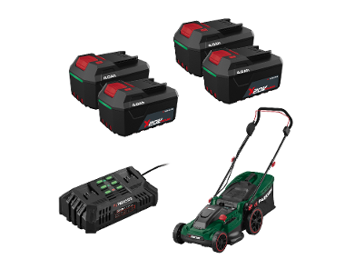 PARKSIDE® Aku kosačka na trávu 40 V PARM 41 A14 + Akumulátor 20 V/4 Ah, 4 kusy + Dvojitá nabíjačka na akumulátor 20 V/4,5 A