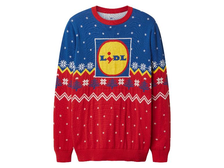 Lidl vianočný sveter, modrý a červený, s logom a snehovými vločkami.