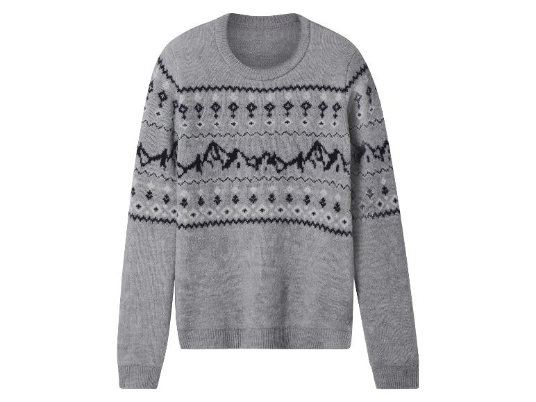Sivý sveter Fair Isle s horskými a geometrickými motívmi.
