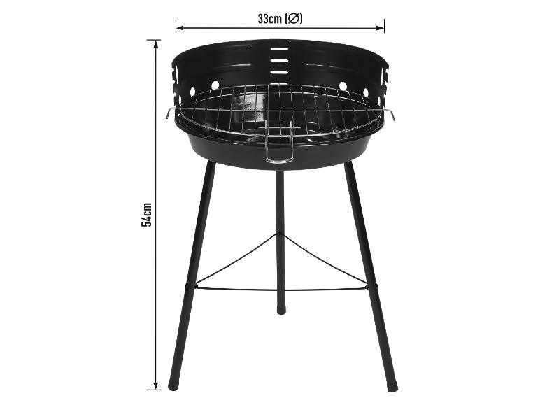 Čierny gril na drevené uhlie s priemerom 33 cm a výškou 54 cm.