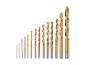 Sada zlatých špirálových vrtákov rôznych veľkostí, usporiadaných vzostupne.
