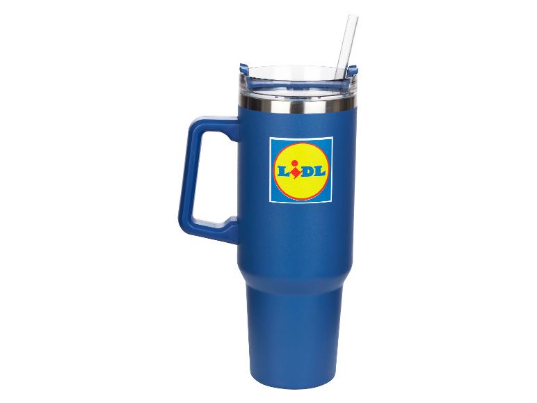 Modrý termohrnček Lidl so slamkou.