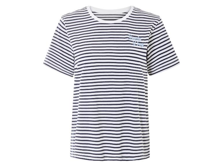 Pásikované tričko v bielej a tmavomodrej farbe s nápisom 'Lovely Day'