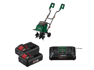 PARKSIDE® Aku kultivátor 40 V PABH B2 + Smart akumulátor 20 V/4 Ah, 2 kusy + Dvojitá nabíjačka na akumulátor 20 V/4,5 A