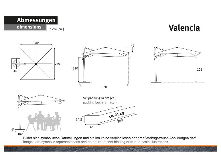 Rozmery slnečníka Valencia s pohľadom zhora, zboku a detailmi balenia.