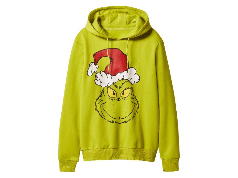 Limétkovo zelená mikina Grinch s červenou čiapkou Santa Clausa na bielom pozadí.