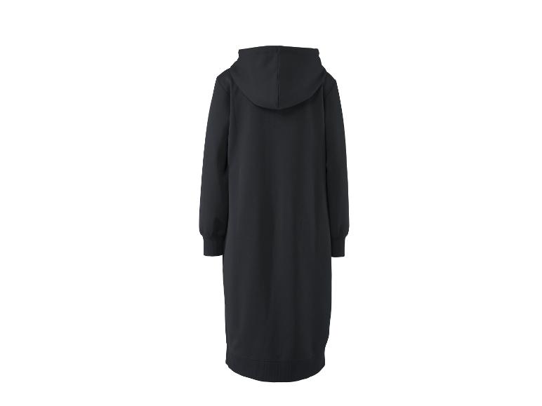 Čierne dlhé mikinové šaty s kapucňou, pohľad zozadu