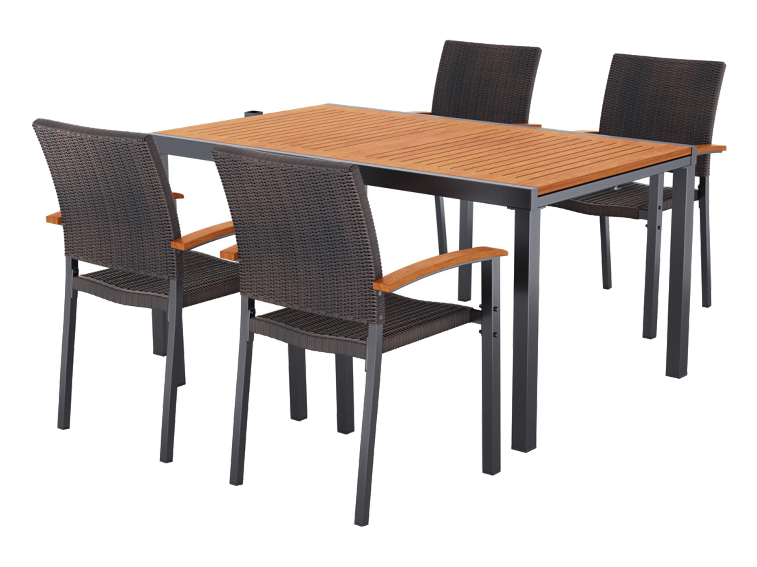 LIVARNO® Hliníkový záhradný stôl Valencia, 143 – 194,5 x 90 x 74 cm + Stohovateľná stolička Valencia, hnedá, 4 kusy