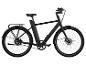 Čierna elektrická bicykel s remeňovým pohonom a pneumatikami Schwalbe.