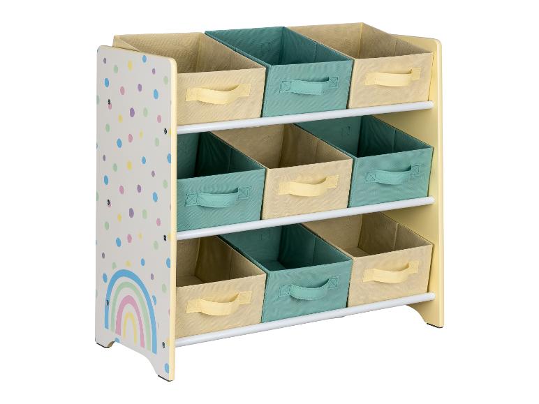 Skriňa na uskladnenie s šiestimi košíkmi, s dizajnom dúhy a bodkami.