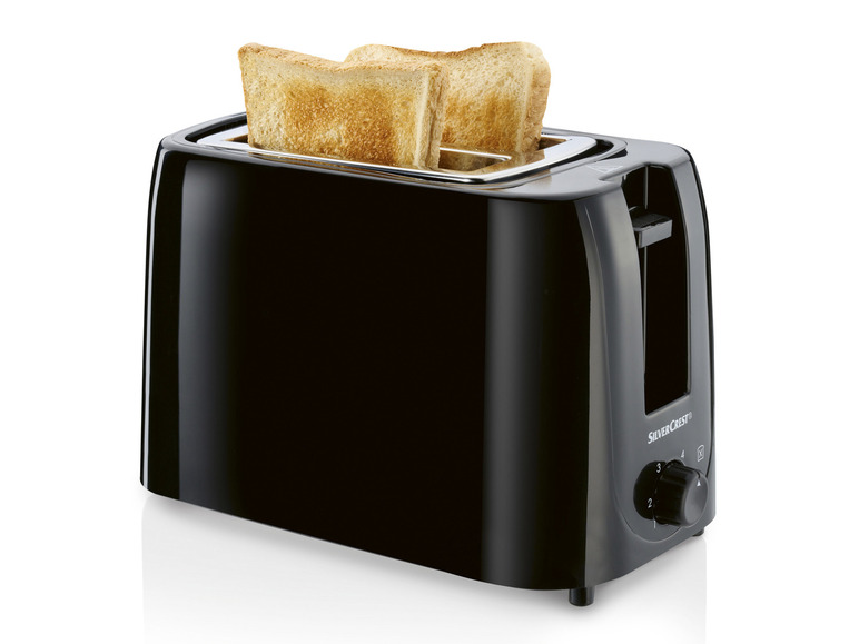 Čierny toastovač Silvercrest s dvoma toastami.