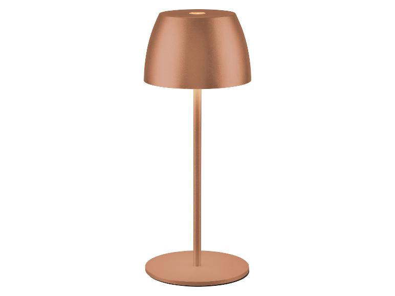Medená stolová lampa s podstavcom a svietiacim tienidlom.