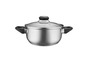 Nerezový hrniec s priehľadným skleneným vekom a čiernymi rukoväťami.