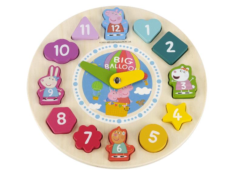 Drevené puzzle s hodinami Peppa Pig s farebnými číslovanými tvarmi.