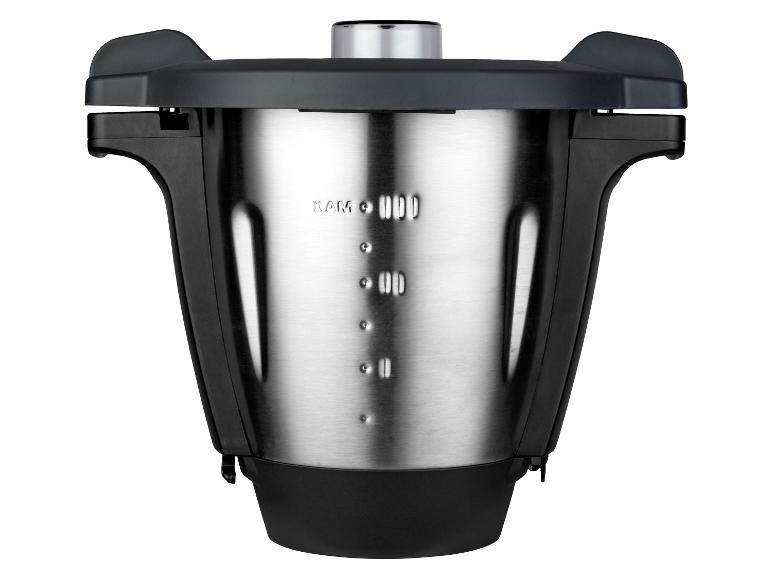Nerezová miešacia misa s vekom pre kuchynský robot.
