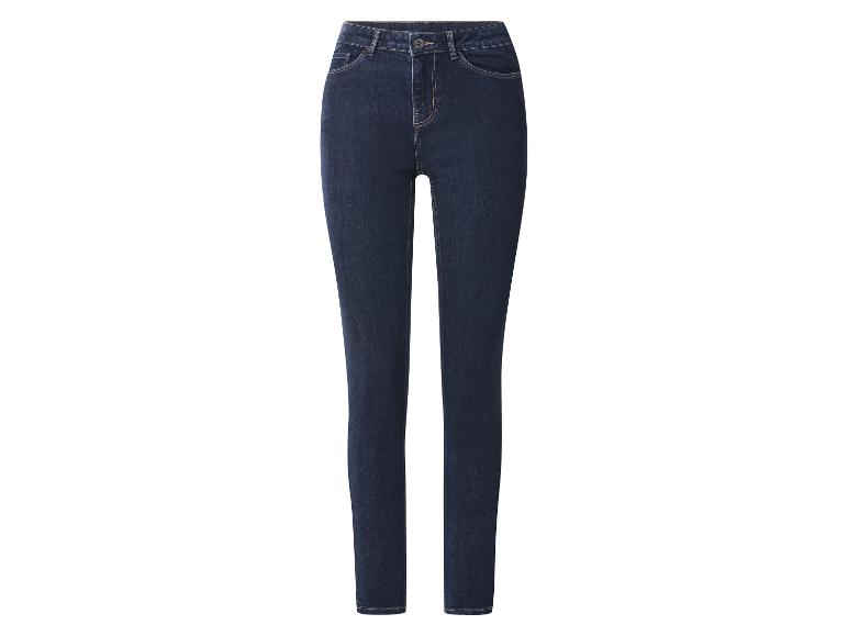 Tmavomodré dámske skinny džínsy so zapínaním na gombík a zips.