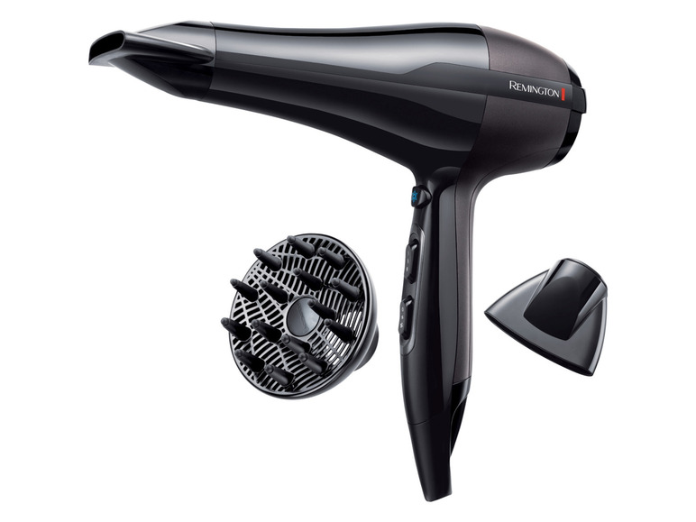 Čierny fén Remington s difuzérom a koncentrátorom.