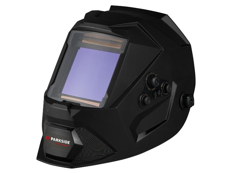 Čierna automatická zváračská kukla s fialovým ochranným štítom a bočnými ovládačmi.