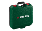 Zelený kufrík na náradie Parkside s červenými zámkami.