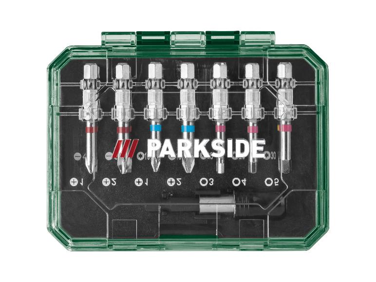 Sada farebných skrutkovacích bitov v zelenom priehľadnom puzdre s textom „PARKSIDE“.