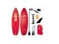 Paddleboard set s dvoma červenými doskami, pumpou, pádlom, plutvou a taškou.