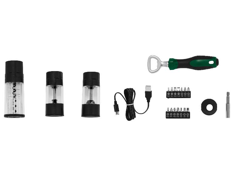 Sada náradia s vývrtkou, mlynčekom na korenie, USB káblom a bitmi do skrutkovača.