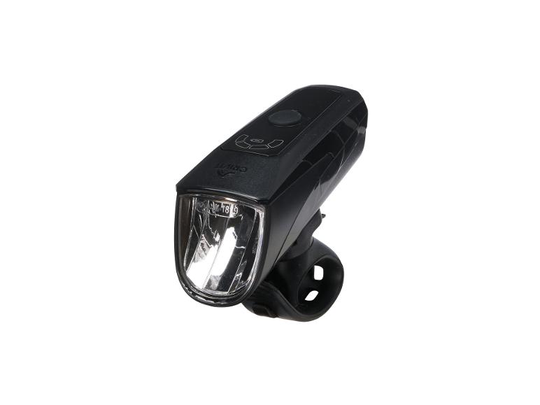 Čierne LED svetlo na bicykel Crivit s montážnym držiakom.