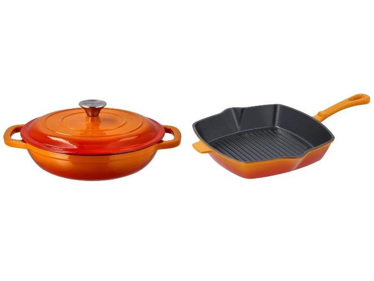 SILVERCREST® Liatinová servírovacia panvica, 2,4 l, oranžová + Liatinová grilovacia panvica, 24 cm, oranžová