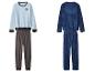 Dva fleecové pyžamové sety, jeden svetlomodrý so sivými nohavicami a jeden tmavomodrý s potlačou herného ovládača.