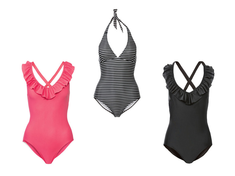 Tri plavky: pruhované, ružové a čierne so volánmi.