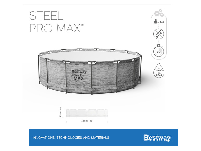 Bazén Bestway Steel Pro MAX, priemer 4,88 m, s kamenným vzorom.