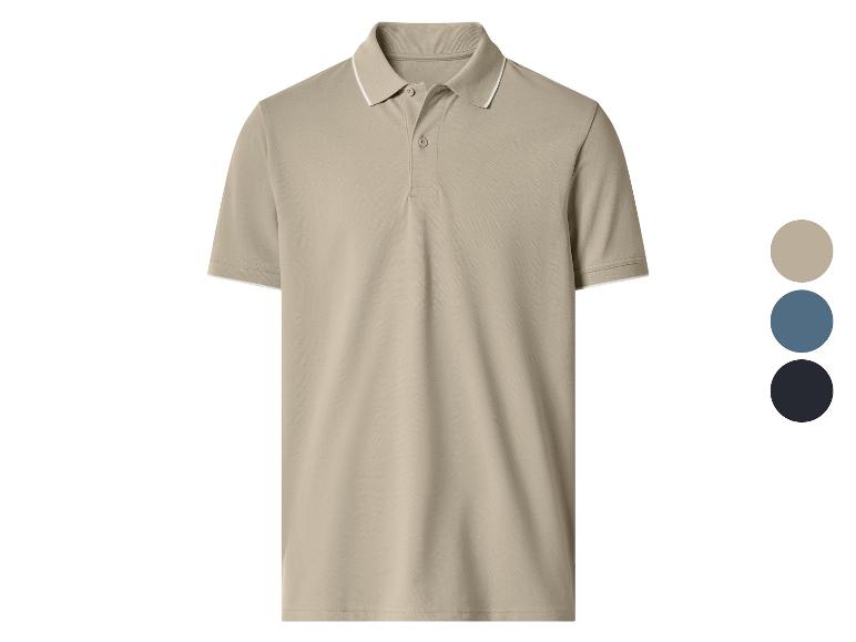 Béžové polo tričko s bielymi detailmi na golieri a rukávoch, s farebnými vzorkami na boku.