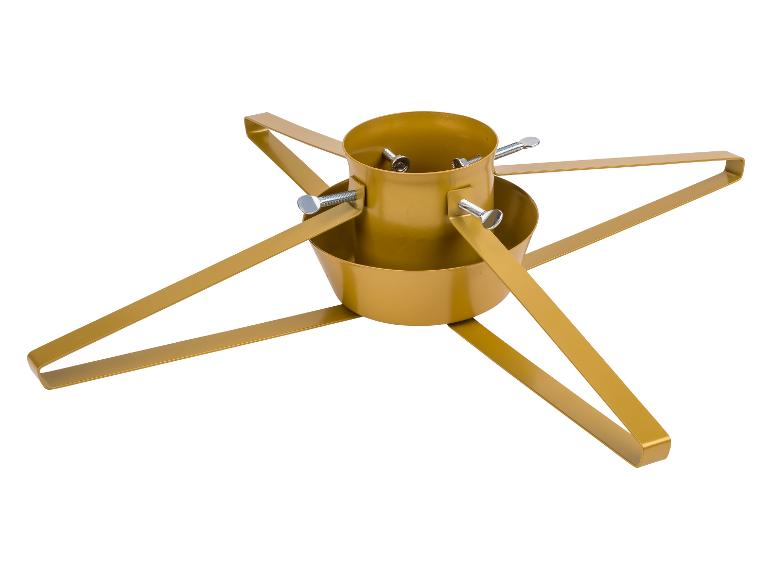 Zlatý stojan na vianočný stromček so štyrmi nohami a nastaviteľnými skrutkami.