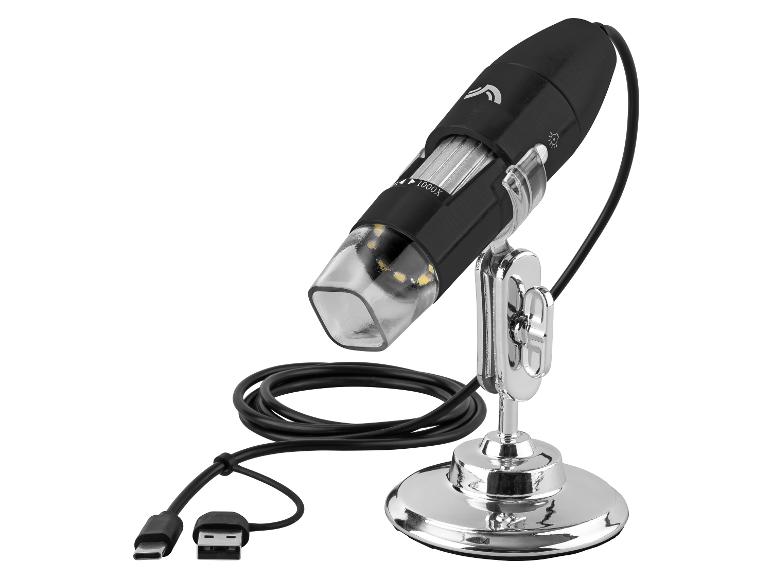 Čierny USB digitálny mikroskop s chrómovým stojanom a káblom.